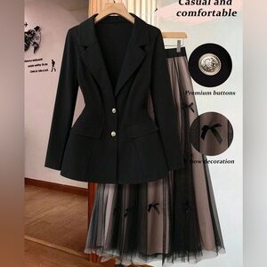 2Pcs Elegant Black Blazer with Tulle Skirt Set